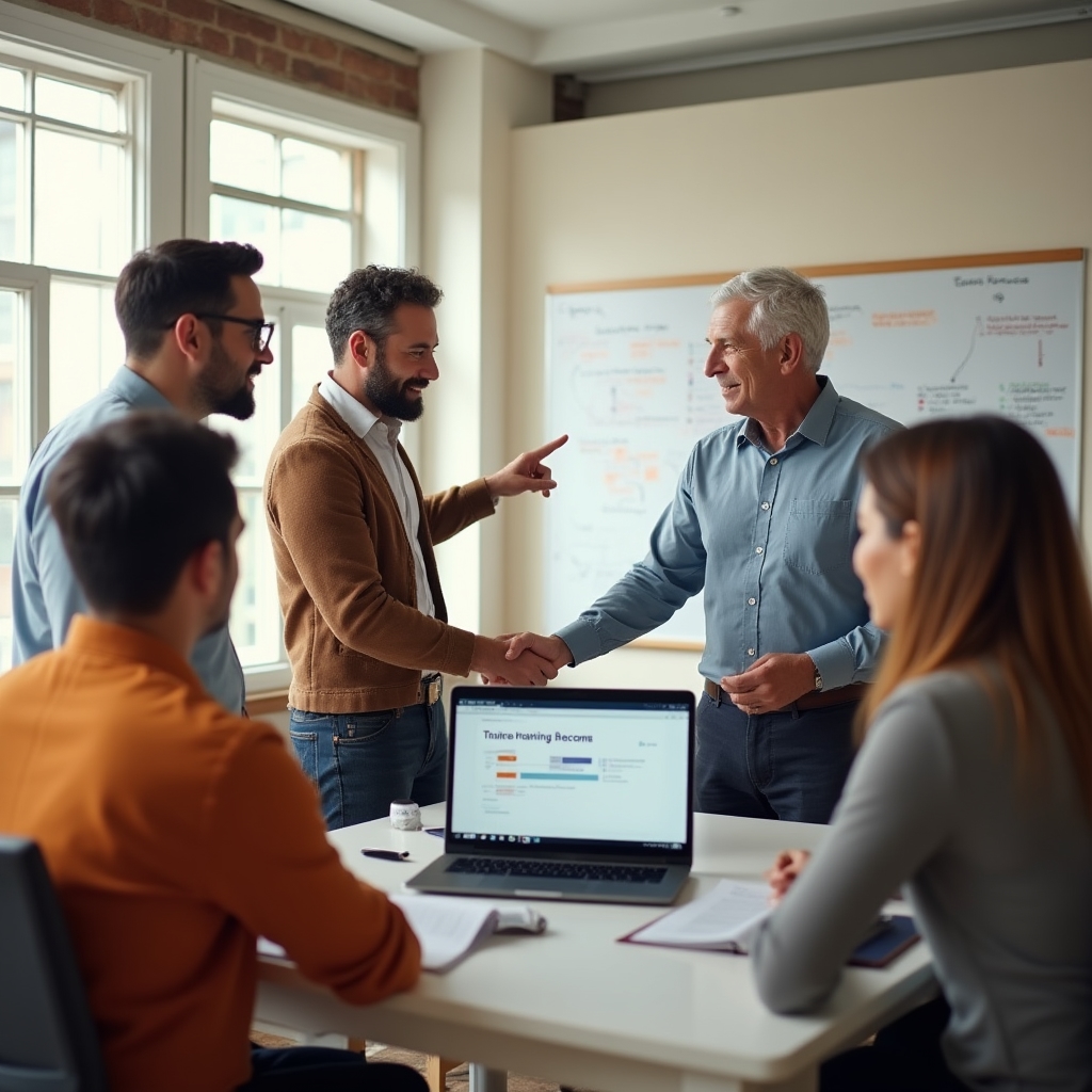 Equipo de un negocio de servicios en una sesión de formación interna usando material documentado